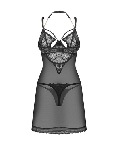 Nuisette et string en dentelle à chaînes Matildea noir Obsessive