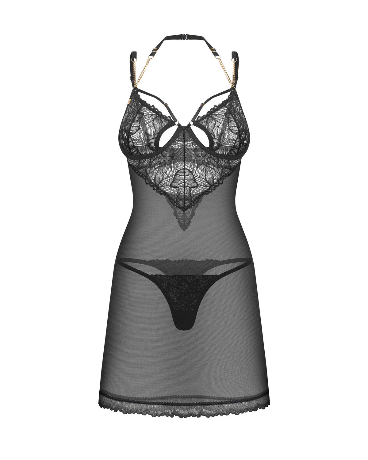 Nuisette et string en dentelle à chaînes Matildea noir Obsessive