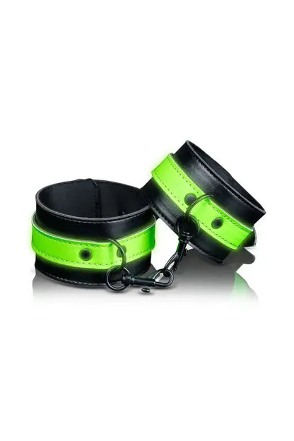 Menottes phosphorescentes de chevilles Ouch! pour des jeux coquins lumineux, noires et vertes.