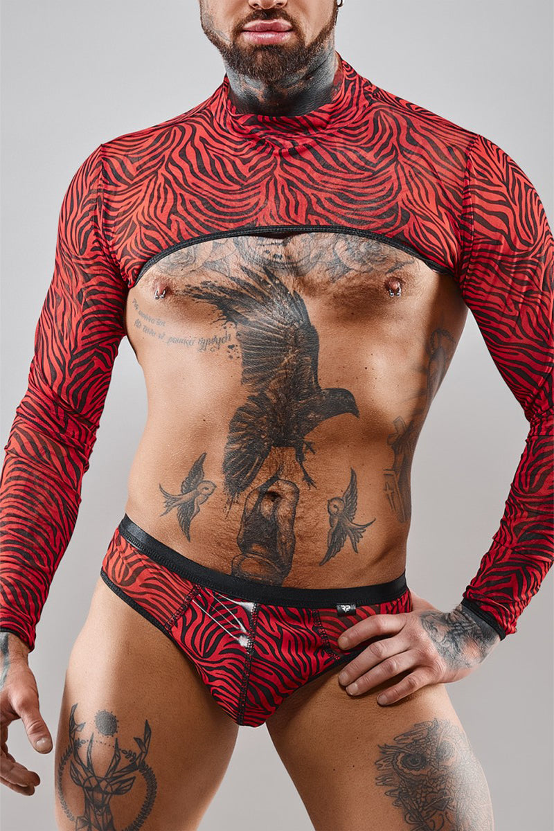 Crop top homme en tulle zébré rouge et noir Regnes