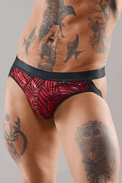 Jockstrap homme tulle zébré et vinyle rouge et noir Regnes
