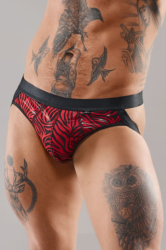 Jockstrap homme tulle zébré et vinyle rouge et noir Regnes