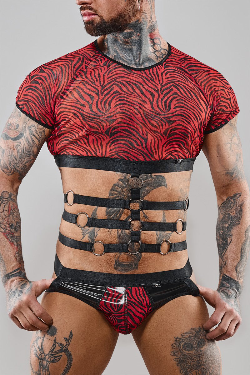 Top homme harnais tulle zébré rouge et noir Regnes