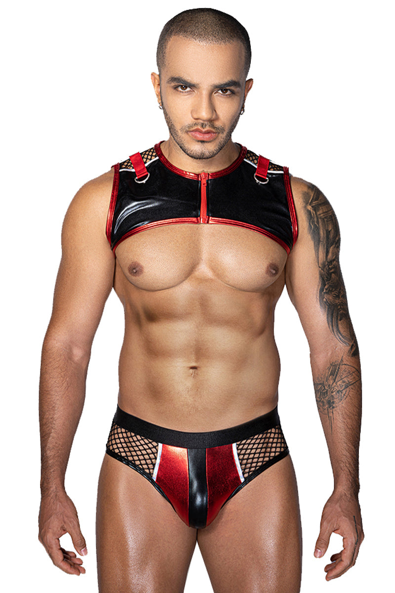 Ensemble homme harnais crop top et shorty rouge et noir J Lingerie