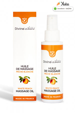 Huile de massage gourmande BIO pêche blanche · Divinextases
