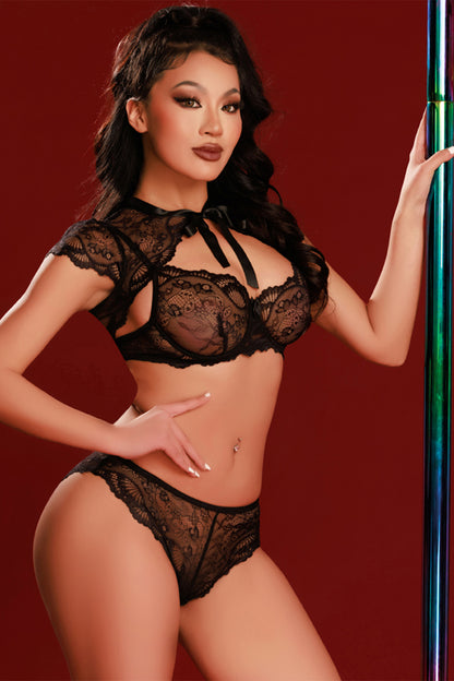 Ensemble soutien-gorge, tanga et caraco en dentelle noir J Lingerie