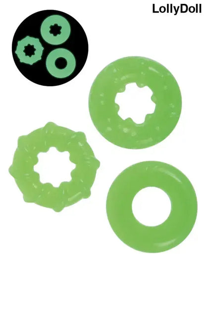 Set de 3 cockrings phosphorescents en TPR extensible de Litolu, coloris vert lumineux.