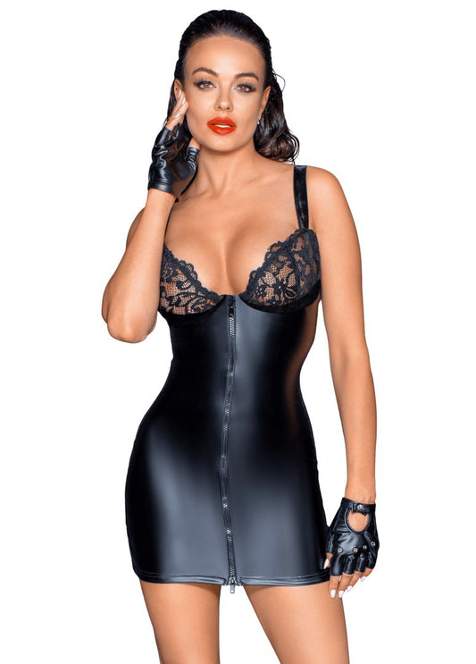 Mini-robe Powerwetlook avec poitrine en dentelle et fermeture éclair à 2 sens · Noir Handmade