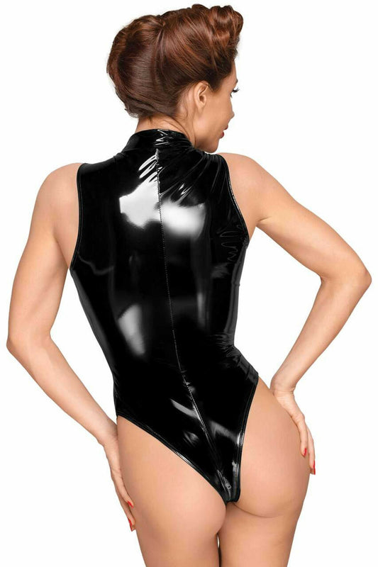PVC body avec une ligne d'épaule profondément découpée et une longue fermeture à glissière métallique à trois voies. · Noir H