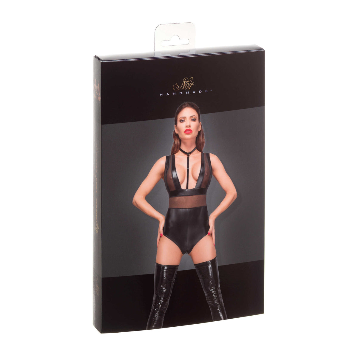 Powerwetlook body avec larges bretelles, empiècements en tulle et tour de cou en velours · Noir Handmade · vue 4