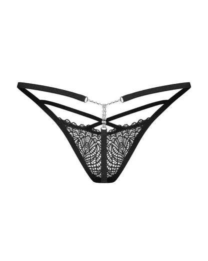 String sexy Iliosa en noir avec détails en dentelle et chaîne, parfait pour sublimer votre féminité.