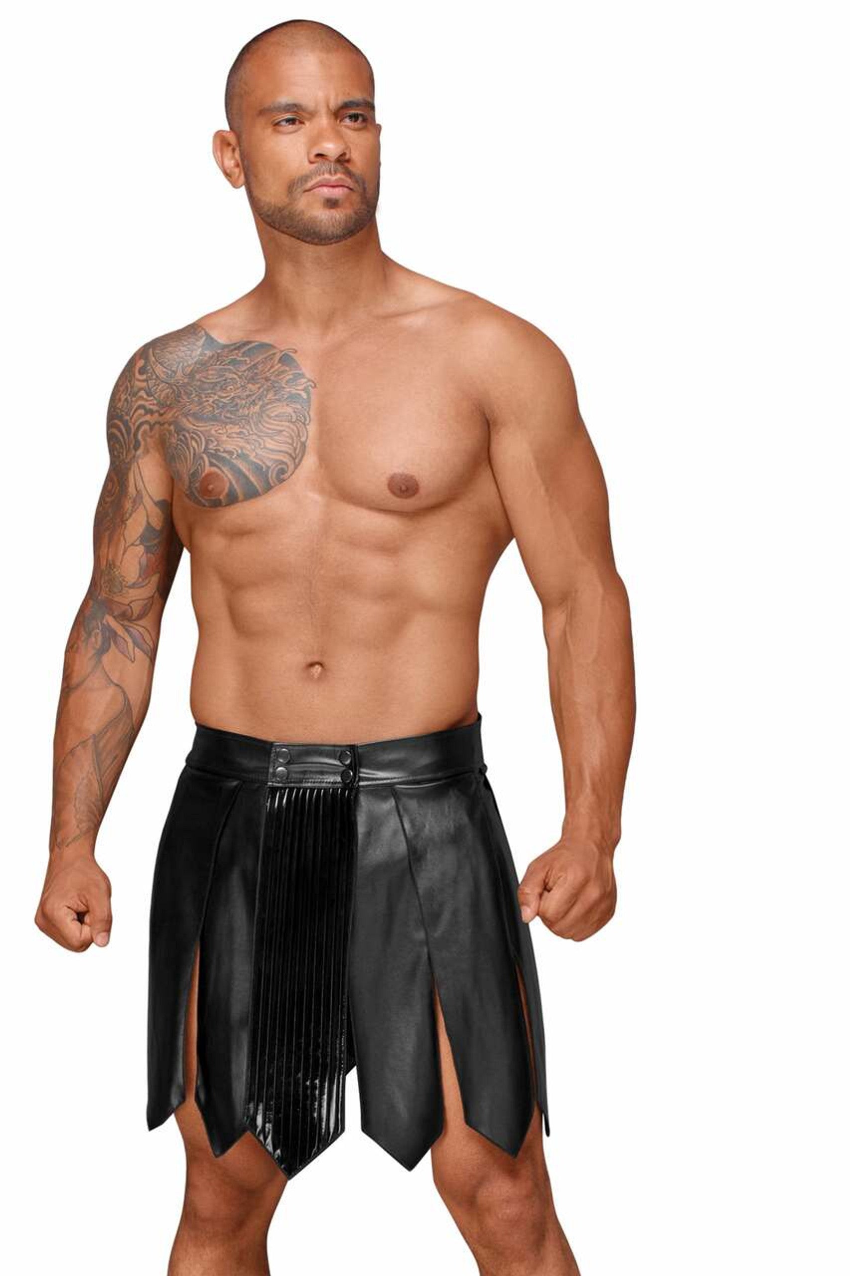 Jupe gladiateur pour homme en cuir écologique avec plis en PVC · Noir Handmade