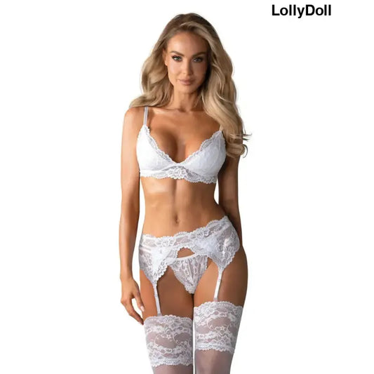 Ensemble lingerie 3 pièces de lingerie fine - Blanc, éblouissant , pour mariage, lune de miel , port jarretelle , soutien-gorge et string pour le laisser sans voix , disponible chez LollyDoll au meilleur prix  