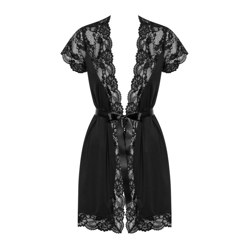 Peignoir dentelle noir porté sur lingerie