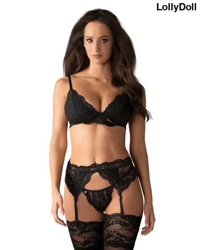 Ensemble de lingerie fine 3 pcs - 810-SEG-1 Noir, dentelle noire séduisante avec soutien-gorge, porte-jarretelles et bas.