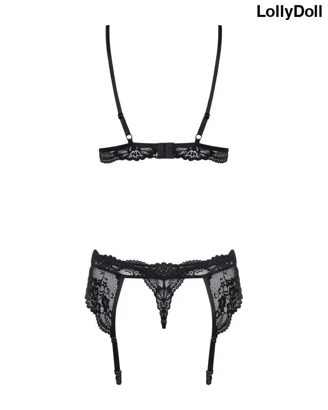 Ensemble de lingerie sexy à jarretelles en dentelle noire 3 pièces. LollyDoll 