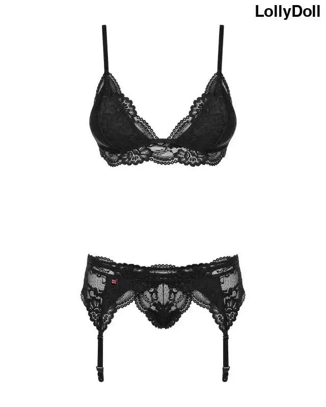 Ensemble sexy à jarretelles en dentelle noire 3 pièces. LollyDoll vous invite à découvrir cet ensemble de lingerie irrésistible.