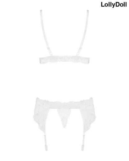 Ensemble lingerie sexy à jarretelles 3 pièces blanc, vu de dos parfait pour séduire en toutes occasions Disponible chez LollyDoll.