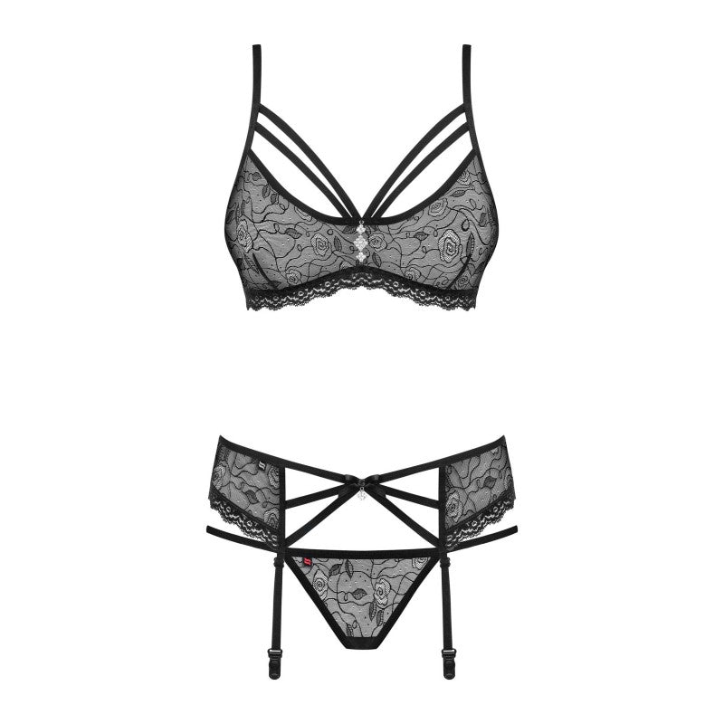 Ensemble lingerie 3 pièces noir soutien-gorge, porte-jarretelles, string
