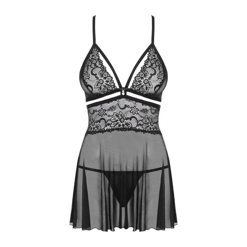 Nuisette babydoll noire dentelle Obsessive 838 — ceinture dentelle et voilage aérien