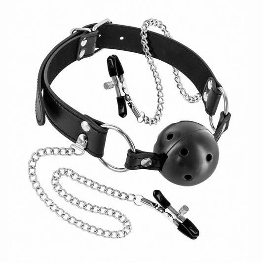 Baillon boule pinces seins BDSM Fetish Tentation – vue ensemble boule rigide polyuréthane chaînes métal