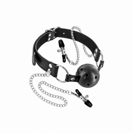 Baillon boule pinces seins BDSM Fetish Tentation – détail boule percée 4 cm respirant tour de tête ajustable