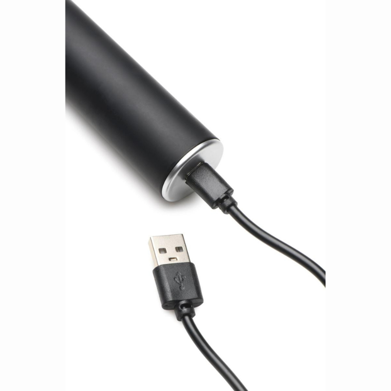 Bâton e-stim BDSM Zeus Electrosex — contrôle manuel et bouton d'intensité recharge USB en gros plan
