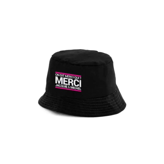 Bob Jacquie et Michel noir avec inscription blanche et liseré rose au dessus et en dessous : On dit merci qui?