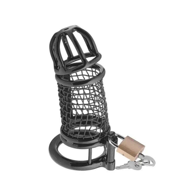 Cage à pénis Matrix Black en acier inoxydable avec serrure, idéal pour les jeux BDSM et la chasteté.