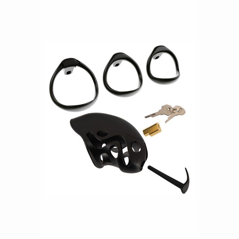 Cage pénis chasteté masculine verrouillable You2toys – vue face anneaux testiculaires interchangeables Cage de Chasteté avec Dilatateur