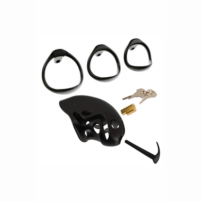 Cage pénis chasteté masculine verrouillable You2toys – vue face anneaux testiculaires interchangeables Cage de Chasteté avec Dilatateur
