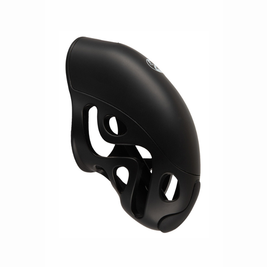 Cage de chasteté avec dilatateur You2toys – vue ensemble contenu boîte 3 anneaux serrure clés silicone ABS noir