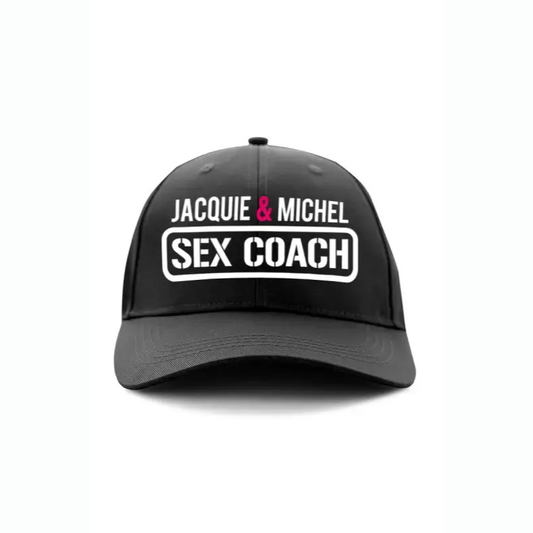 Casquette humoristique noire Jacquie et Michel inscrit : Sex coach , cadeau fun et décalé