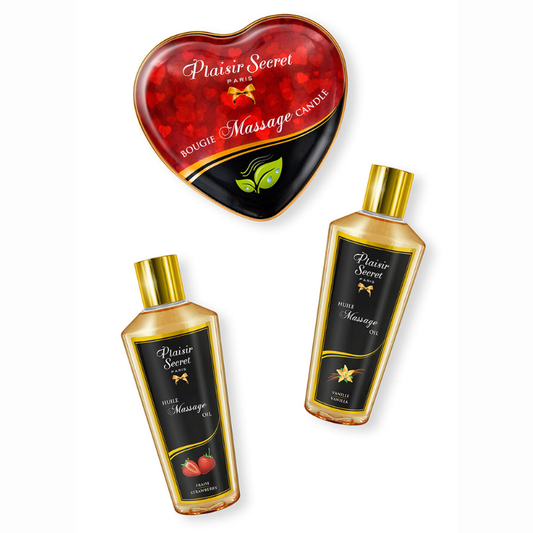 Coffret massage coquin huile bougie naturel — détail 2 huiles sèches et bougie cœur comestible