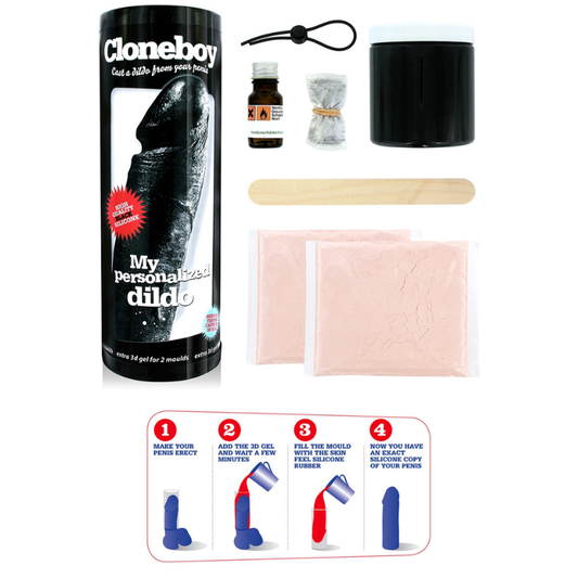 Contenu du kit gode personnalisable noir Cloneboy : tube de moulage, gel 3D et caoutchouc silicone pour réplique de pénis