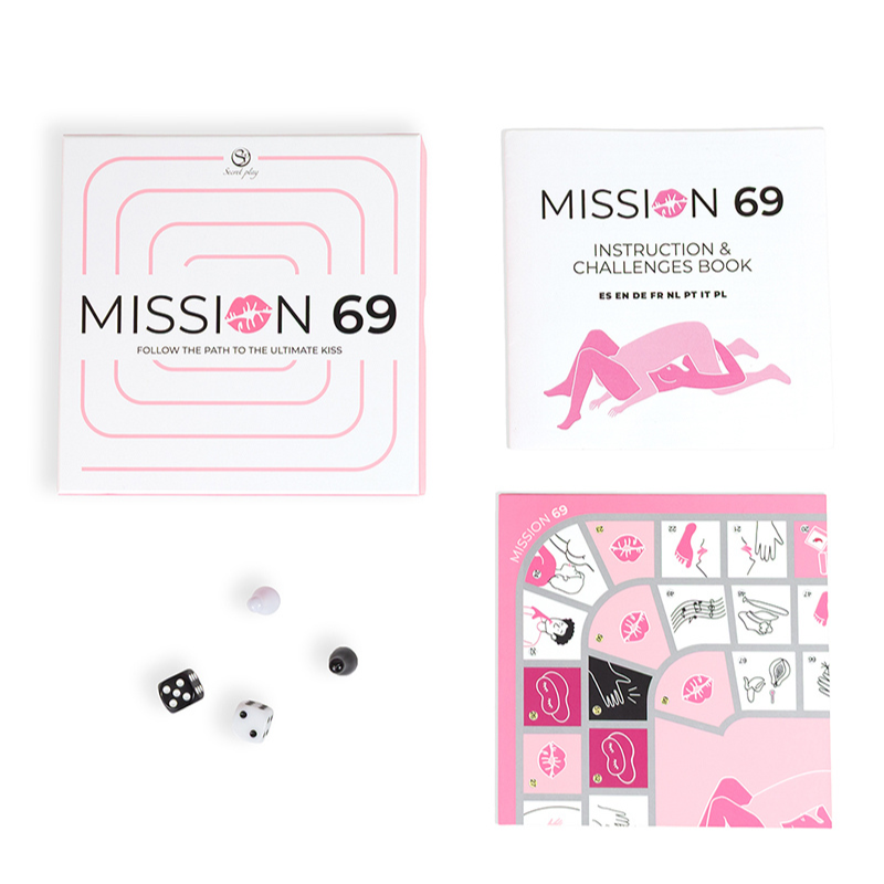 Jeu de société érotique couple Mission 69 Secret Play — détail des 2 dés numériques et 2 pions