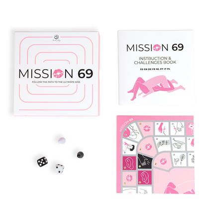 Jeu de société érotique couple Mission 69 Secret Play — détail des 2 dés numériques et 2 pions