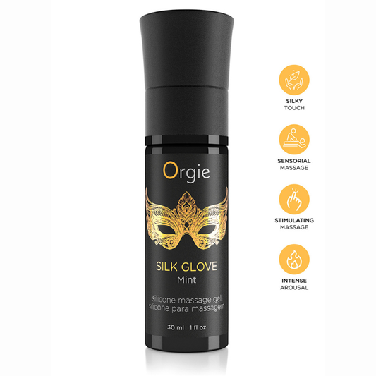Kit massage érotique perles gel silicone — détail collier de perles nacrées et flacon Silk Glove 30ml