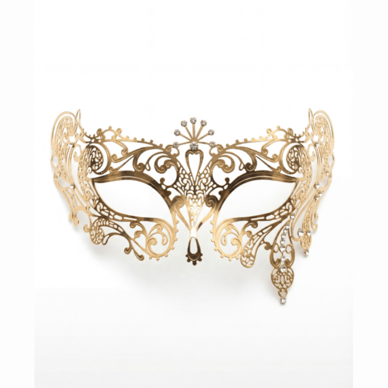 Masque vénitien doré strass Bianca — vue de face, structure rigide en métal et strass scintillants