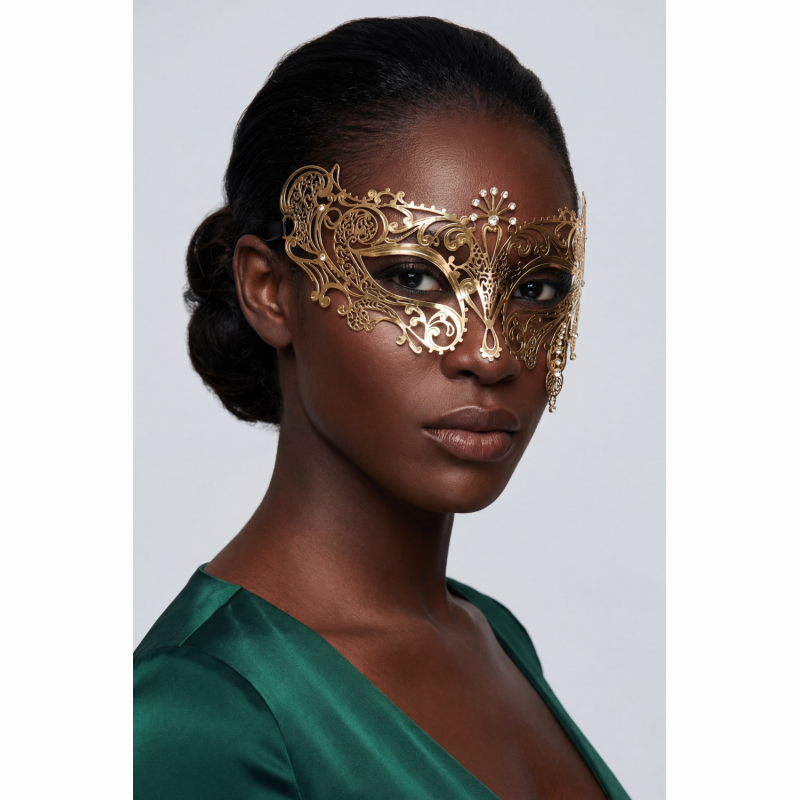Masque vénitien doré strass Bianca — vue de profil, liens d'attache ajustables