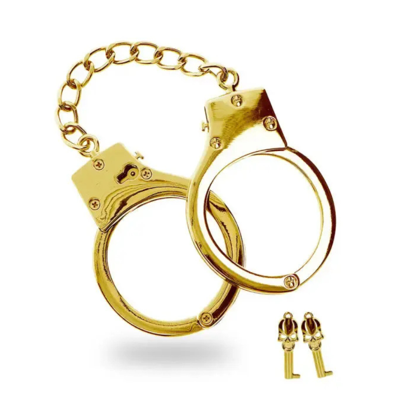 Menottes BDSM plaquées or Taboom, menottes dorées avec chaîne pour jeux de rôle et explorations BDSM.