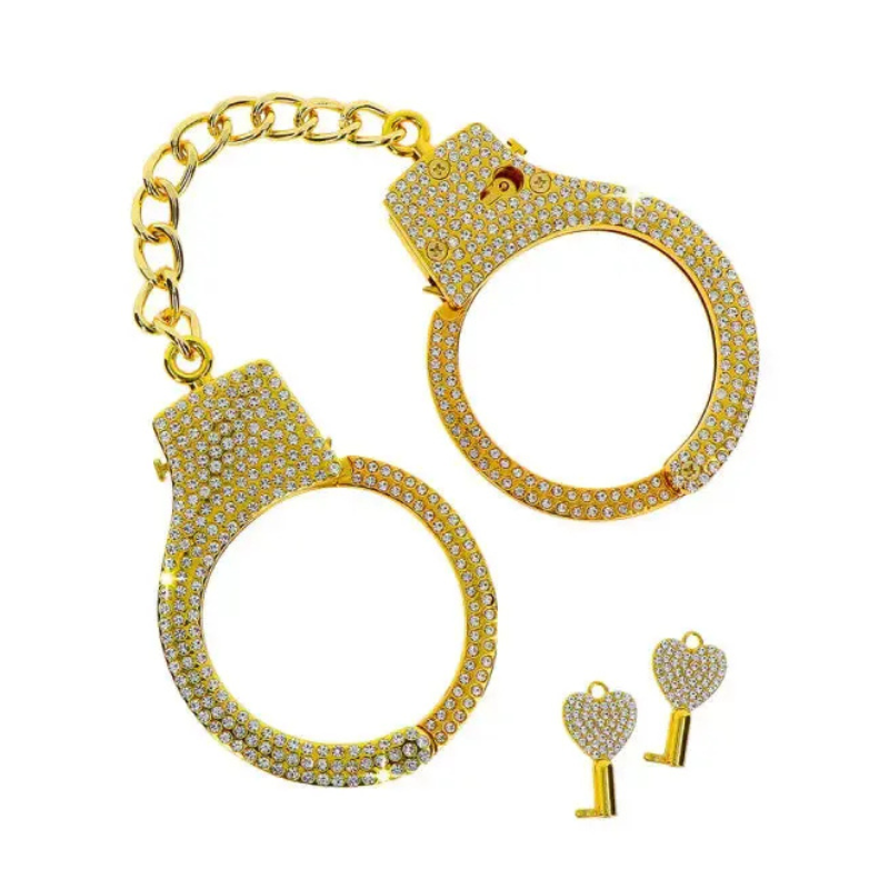 Menottes dorées de qualité en métal doré et strass,  vrai un bijou avec ses 2 clefs dorée avec strass et housse de rangement