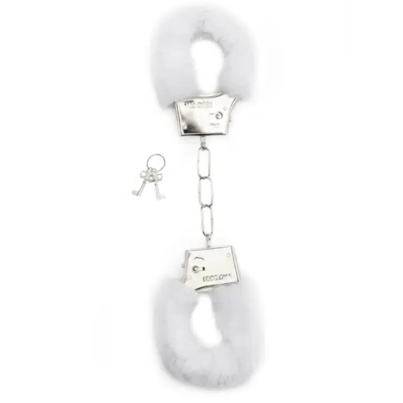 Menottes fourrure blanche Shots Toys avec clés, alliant luxe et sensualité pour des jeux coquins.