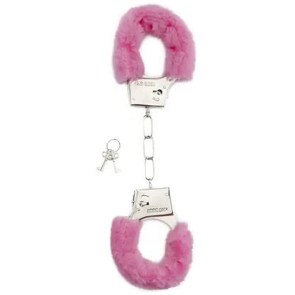 Menottes fourrure rose de Shots Toys avec une chaîne et une clé, idéales pour des jeux de rôles confortables.