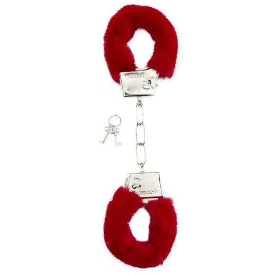 Menottes fourrure Shots couleur rouge avec clé, idéales pour jeux de rôles et expériences coquines.
