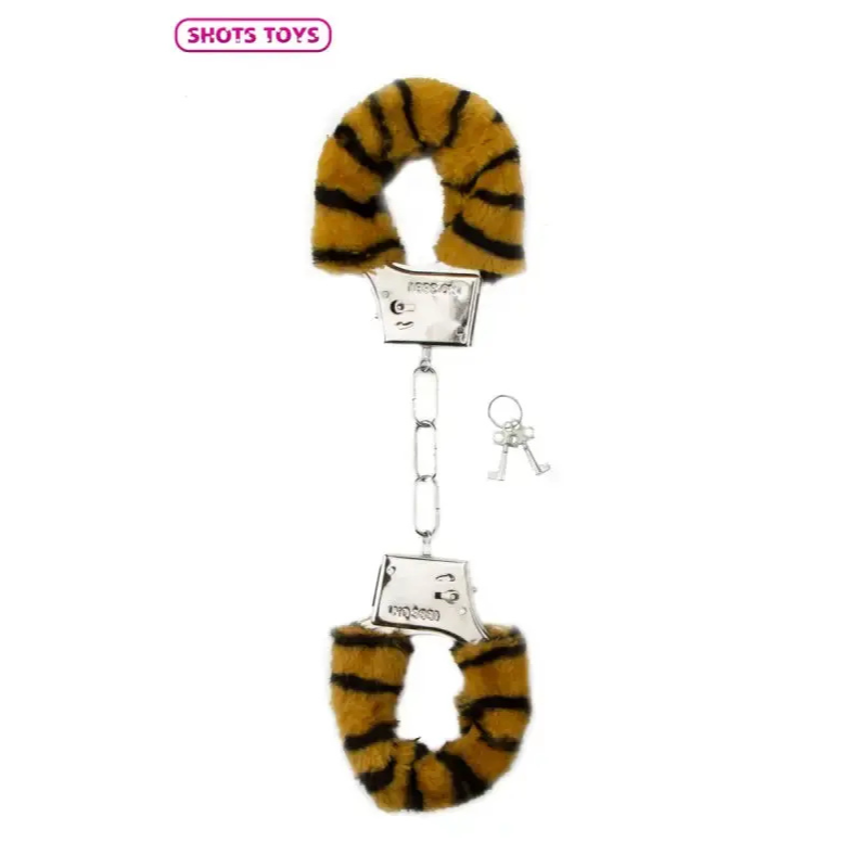 Menottes fourrure tigre de Shots Toys avec poils rayés et chaîne, inclus clé.