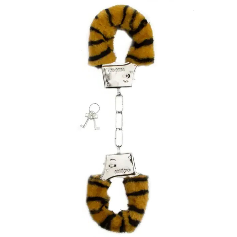 Menottes fourrure tigre de Shots Toys avec poils doux et fer, accompagnées de clés.