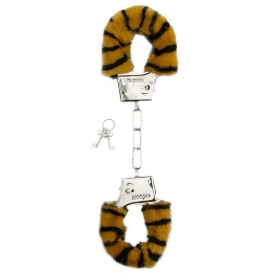 Menottes fourrure tigre de Shots Toys avec poils doux et fer, accompagnées de clés.
