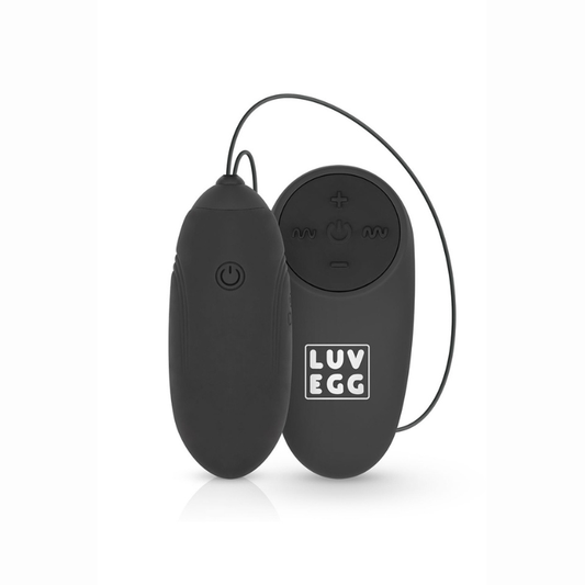 Oeuf vibrant silencieux 10 modes noir LUV EGG – vue ensemble oeuf silicone médical et télécommande sans fil