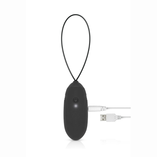 Oeuf vibrant silencieux noir LUV EGG – détail silicone médical mat et cordon de retrait discret